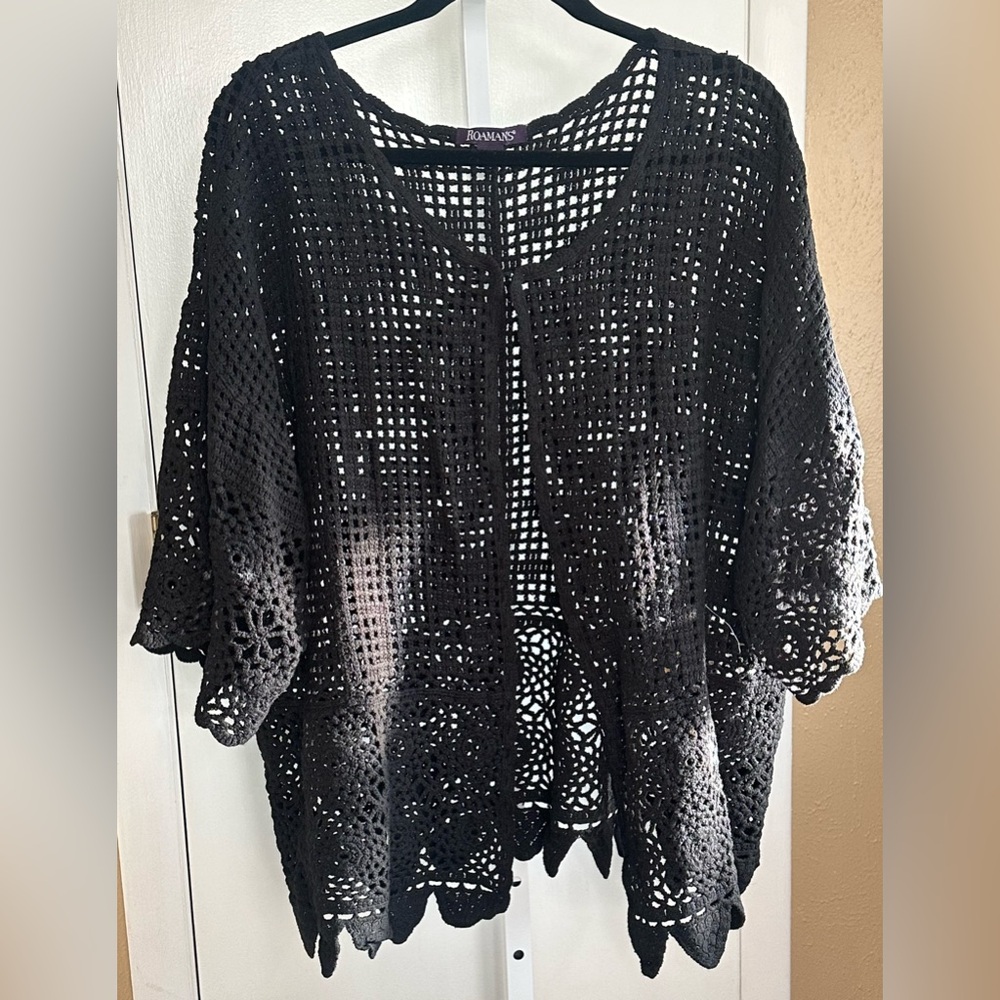 Roaman’s Crochet Cardigan 18/20 | Boho Black Open Knit Sweater Top